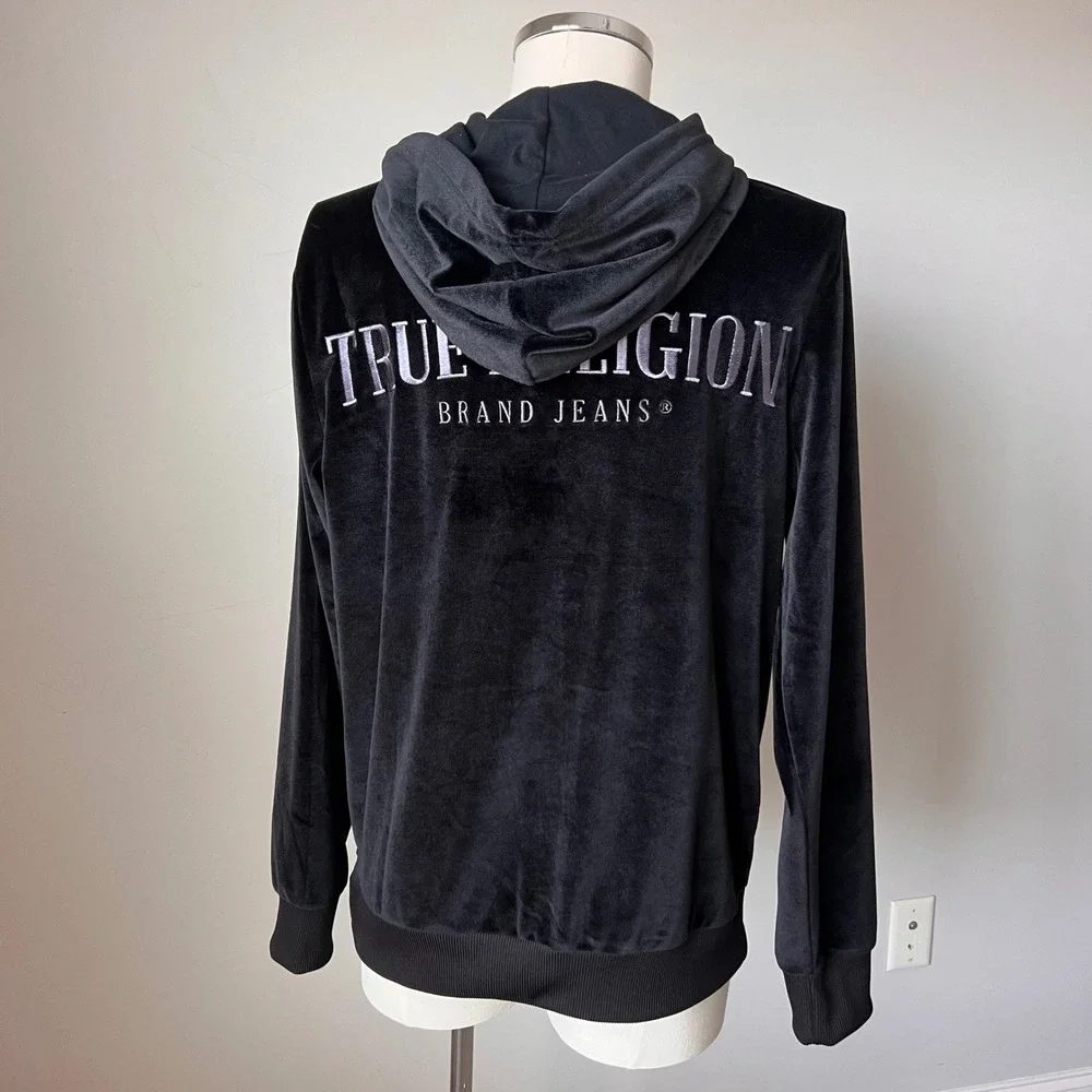 True Religion Mens Black Velour Zip Up Hoodie Horseshoe Velvet Logo‎ Black NWOT